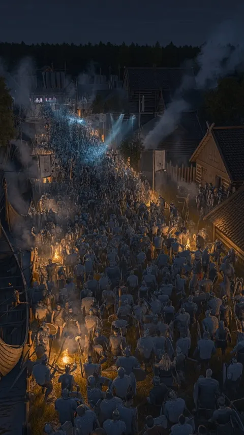 Ultra realistic scene of a small viking city at night during a massive festival
