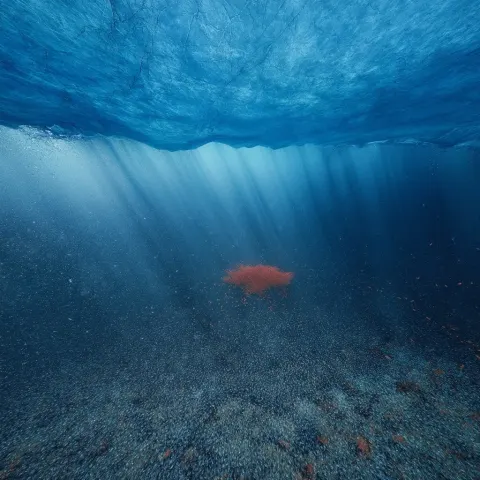 Ultra-realistic underwater documentary photograph of a diminishing Antarctic krill swarm surrounded