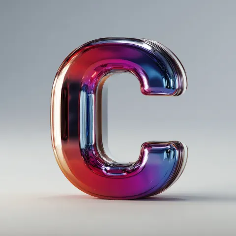 Una imagen realista al estilo de cinema 4D de un vista frontal de una letra "C" en tipografía helvét