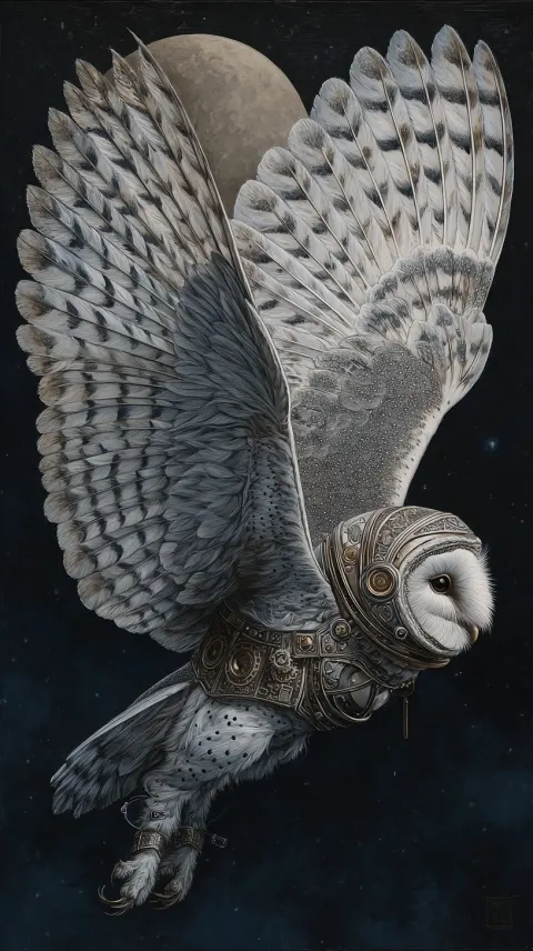 Painting in the style of Bruegel of an owl flying on the moon. The owl is wearing a small steampunk