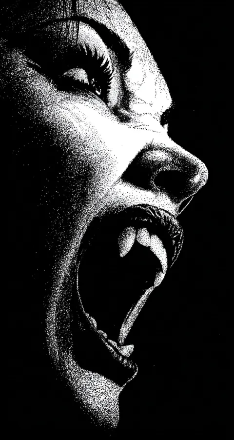 A close-up, black-and-white image of an angry vampire woman's face