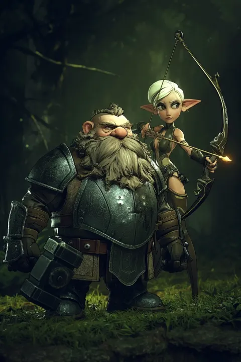 Dwarf warrior and elf ranger duo full body portrait dwarf sturdy stance heavy armor with engraved me