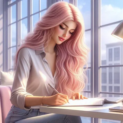 Modern Woman Writing by Sunny Window
