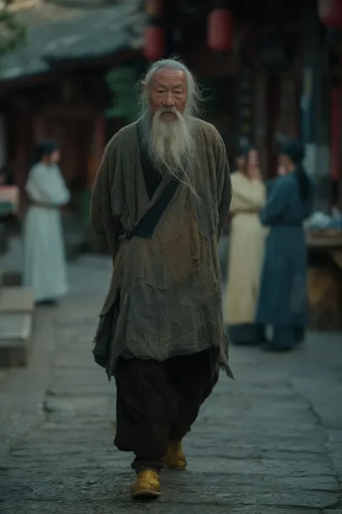 Portrait of An old wise chinese man with a black horn on one sidewalking through streets of china sm
