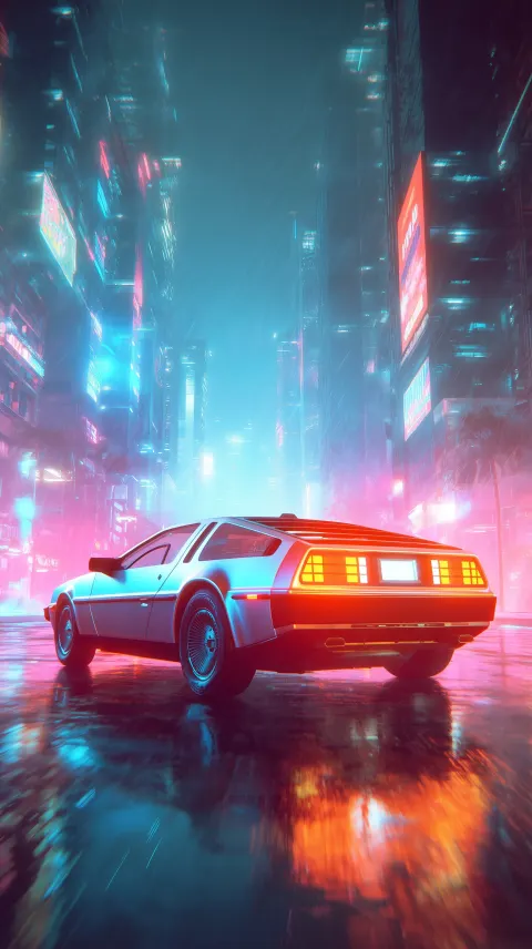 View from behind a speeding retro futuristic angular 1980s-style concept future sportscar as it driv