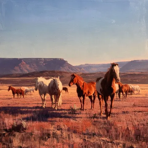 Oil painting in the style of dean cornwell and Norman Rockwell of a group horses in the prairie
