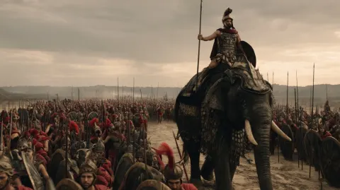 Movie frame of a proud seleukid general is riding an huge war armored elephant among ten thousands o