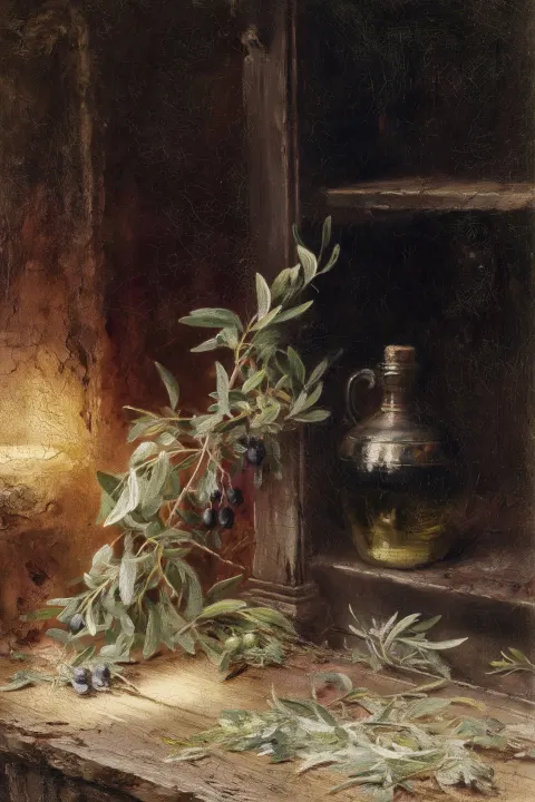 Vintage fine art oil painting of fresh olive branch with olives beside a dark ceramic bottle of oil