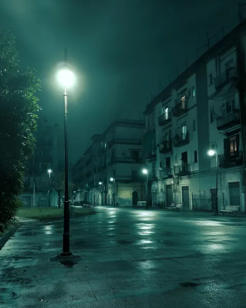 Ponticelli di notte, piazza semi vuota, illuminazione fredda, ambiente urbano degradato, silenzio