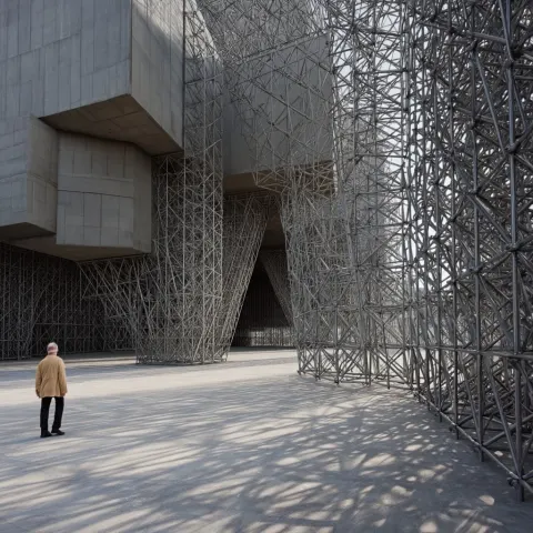 Walking through a complex building made from steel scaffolding and planes grafted between concrete m