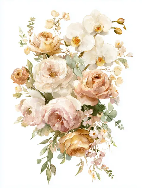 Watercolor hand painted textured brushstrokes trailing floral bouquet in champagne and gold colors f