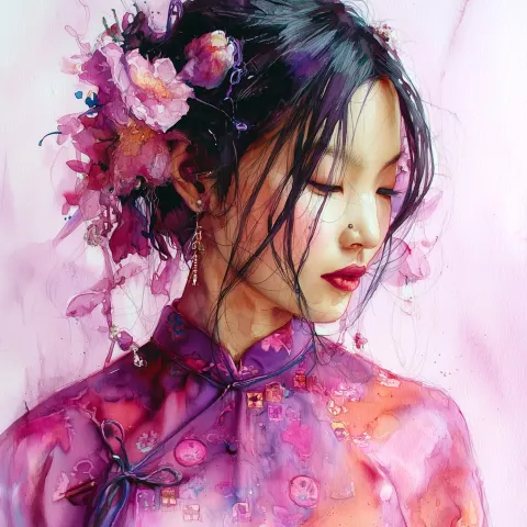 Portrait femme tête baissée avec fleurs dans les cheveux, photo hyperréaliste