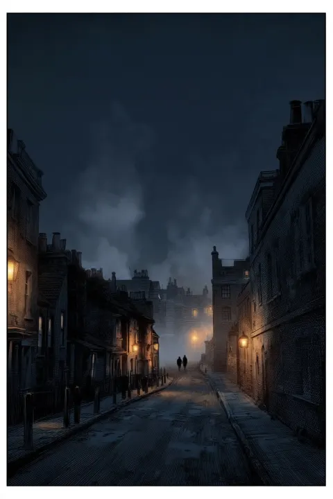Wide establishing shot of Hammersmith near London at night in winter 1803