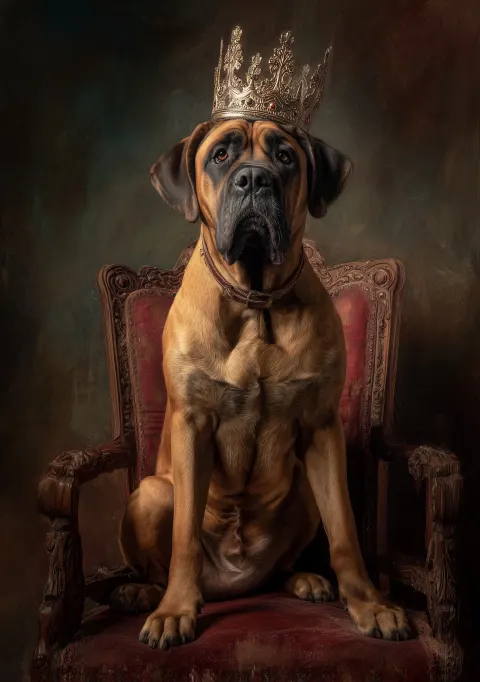 Portrait of a Mastiff wearing a royal crown, sitting on an elaborate throne