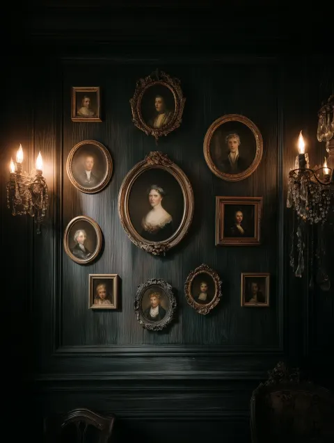 A dark wall with several miniature portraits hanging on it