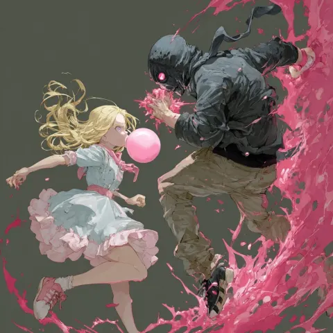Anime girl with pink bubblegum, fighting a masked villain. she has blonde hair, and wearing a dress.