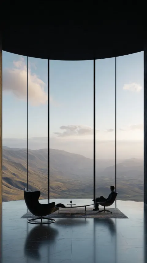 Ultra photorealistic luxury interior with huge panoramic window