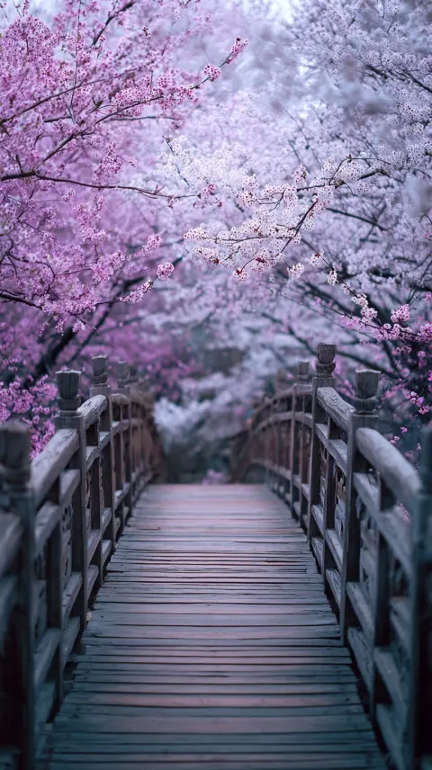 A wooden bridge covered with cherry blossoms, a japanese-style photographic style, dreamy scenery