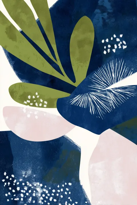 Abstract botanical illustration, featuring two large