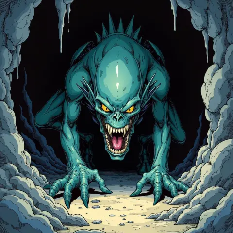 Menacing Alien Hovering in a Dark Cavern