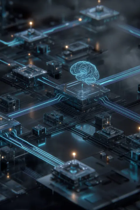 Blender-style cinematic 3D render, side-view perspective of an advanced AI orchestration system in a