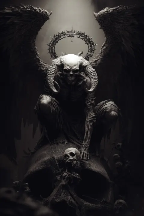 Full-body portrait of the demon prince with large wings, a halo above the head