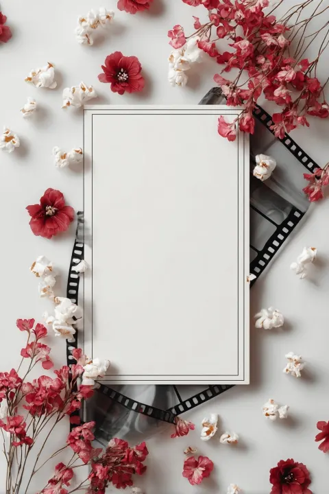 A wedding invite, with a blank space where write infos, with movie films theme