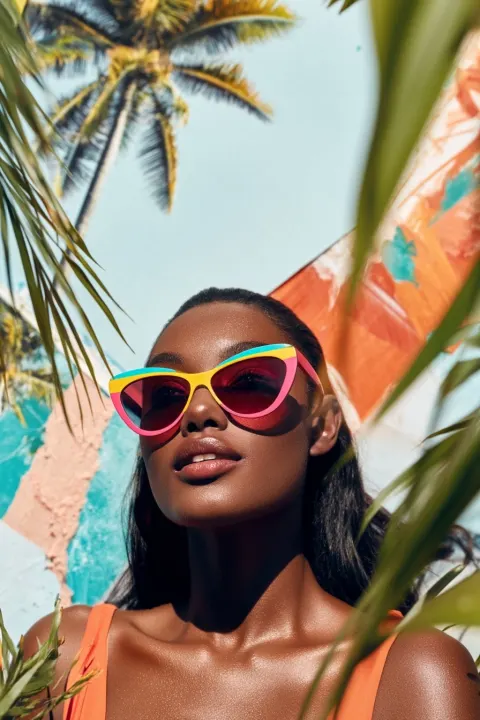 Stylish woman in colorful sunglasses surrounded by tropical plants