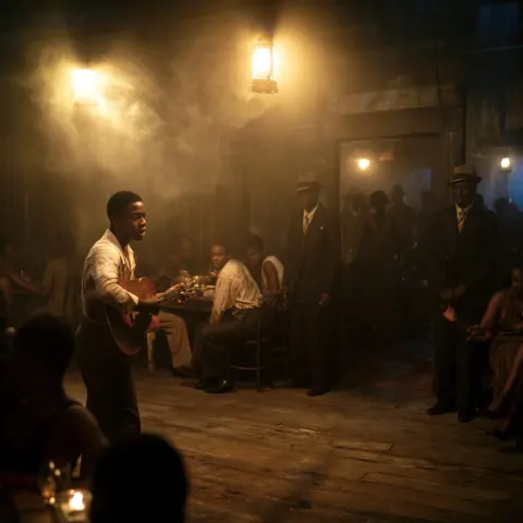 1932 Mississippi Delta juke joint at night, crowded Black blues club, lantern-lit interior