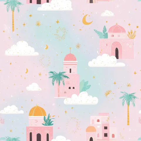 Seamless repeating pattern, story book feel, soft pastel colors, spacious layout