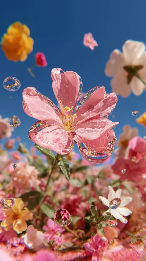 A glass light pink flower floating in the air, surrounded by other flowers, pink ground