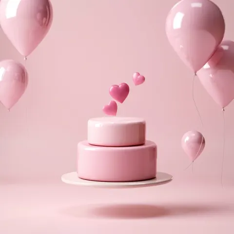 3D beauty show 1st anniversary poster design, cake 3d icon with a pink heart symbols above