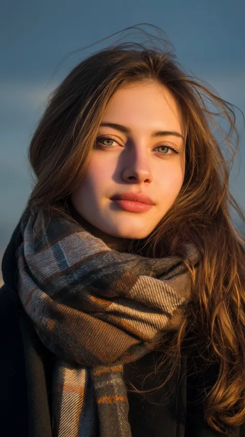 A beautiful young woman with long hair, wearing an oversized plaid scarf and a dark brown coat