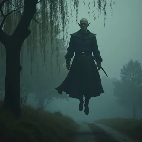 Bald Merchant Demon Floating in Foggy Twilight