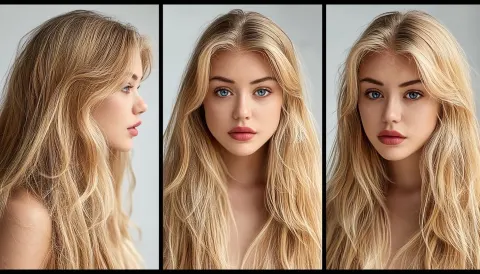 A beautiful blonde 25 year old, flat lighting passport photo from various angles, front, left
