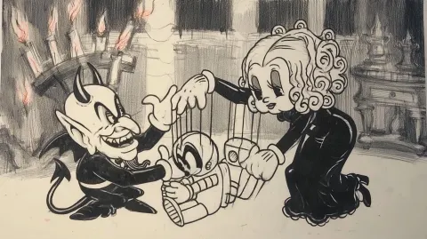 A black and white 1930s era animated cartoon of the devil playing with puppets of an astronaut and a