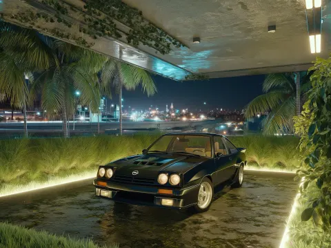 A Black Opel Manta Car at a Terrace of a 90s style Looking Home with Glass Aesthetics and Infrastruc
