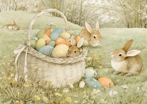 A bucolic Easter scene with dyed-egg-filled basket and bunnies by Marjolein Bastin