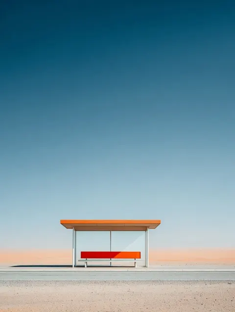 A cinematic 35mm film photograph of a modern bus stop consisting of a flat concrete bench and a thin