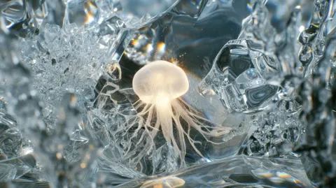 A cinematic macro video of a tiny glass jellyfish floating inside a fully glass-formed environment