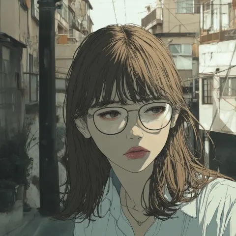 Young Woman with Glasses and Blunt Bangs