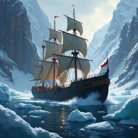 Ship MIGUSTRAHIL Cutting Through Icy Mountain Waters
