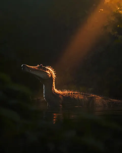 A classical oil painting of a Spinosaurus resting in calm water surrounded by dark
