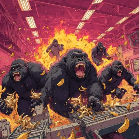 A digital illustration of a group of gorillas as factory workers rioting and destroying everything i