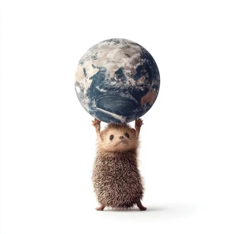 Hedgehog holding a big globe ball over his head realistic on white background