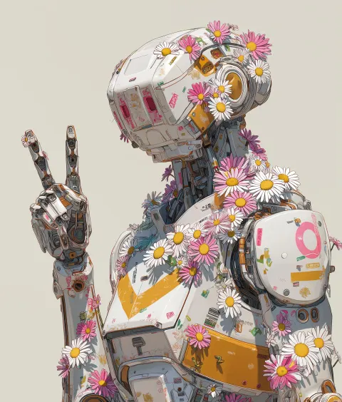 A cyborg with multi-colored daisies shows a peace sign and smiles, anime style, 2d art