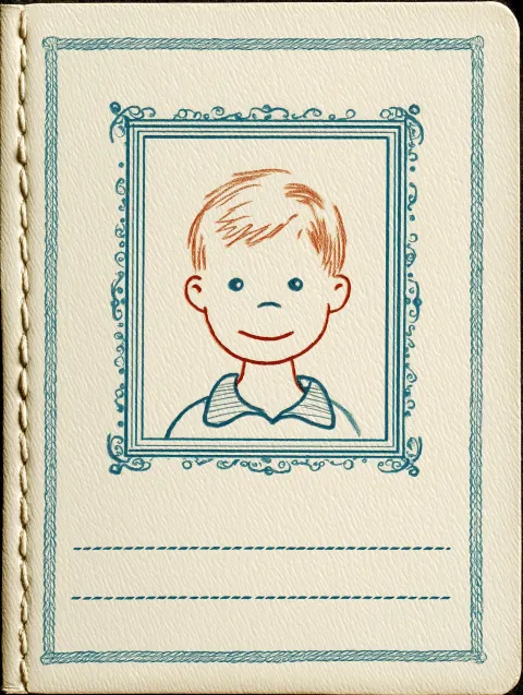 A Drawn young child idea of a passport cover with a frame and dotted lines for names writing etc and