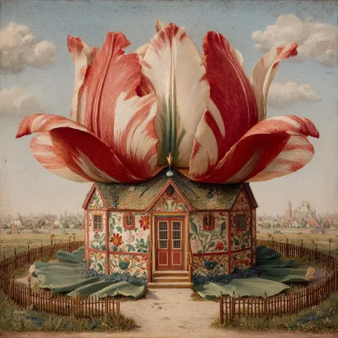 A fairytale round house, the roof of which is made from an upside-down tulip flower head. Large tuli