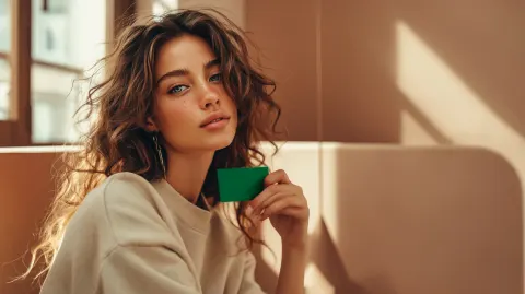 A fashionable European girl sits in a solid color office space