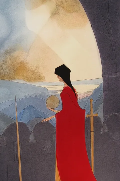 A figure in a red robe stands on the parapet of a stone castle
